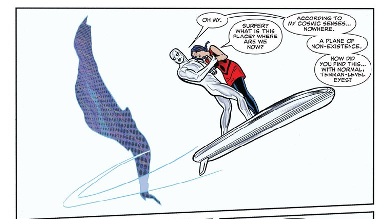 Dawn and Norrin enter the void of endless possibilities in Silver Surfer #13.